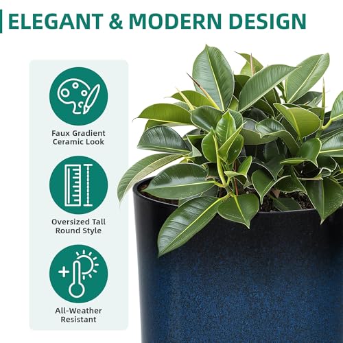 Autodaya 24" Large Tall Outdoor Planters Set of 2, Faux Ceramic Flower Pots - color: 23.8" Blue Gradient Cobalt Finish