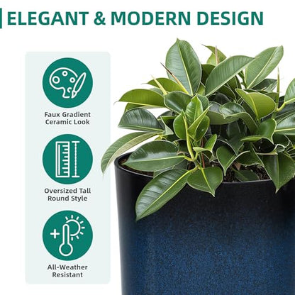 Autodaya 24" Large Tall Outdoor Planters Set of 2, Faux Ceramic Flower Pots - color: 23.8" Blue Gradient Cobalt Finish