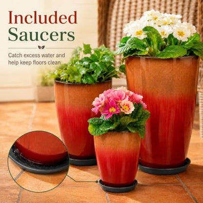 Neoaider Set of 3 Tall Planter, 24/21/12in Large Plastic Planter, Firey Red - color: Fiery Red