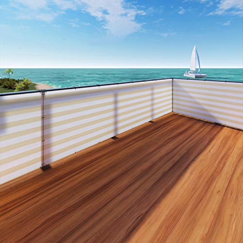 Windscreen4less 3'x13' Deck Balcony Privacy Screen Fence Apartment Balcony Mesh Screen with Zip Ties Chain Link Fence Cover UV Protection for Outdoor Patio Backyard Pool Porch Railing, Beige & White