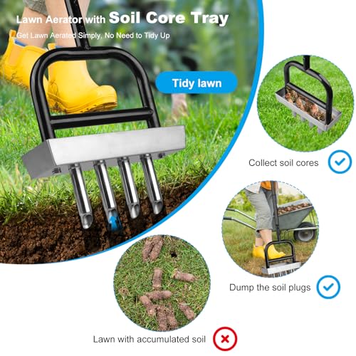 Lawn Aerator Manual Garden Tool with Soil Core Tray - 4 Stainless Steel Core Plug Aerator for Grass Aeration, Yard Lawn Care Heavy Duty Garden Tool for Healthy Lawn Growth