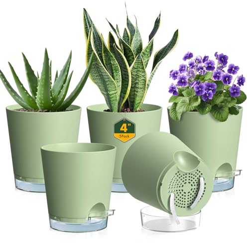 Meowell 4 inch Self Watering Pots for Indoor Plants, 5 Pack Small Flower Plant Pots with Drainage Holes and Clear Reservoirs, Visible Water Level, Plastic Planters with Wicking Rope, Green - color: Green, size: 4in 5pcs