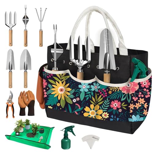 22Pcs Gardening Tools Set for Women Heavy Duty Garden Hand Tool Kit Birthday Gifts for Mom Her Wife Grandma Beginner Gardening Accessories with Tote Bag/Shovel/Repotting Mat/Plant Labels/Gloves-Black - color: Black
