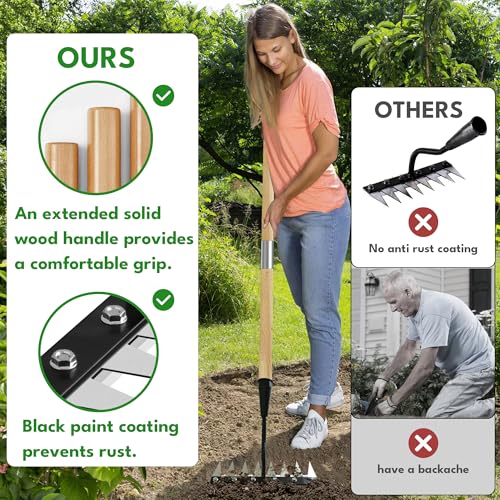 Iron Weeding Rake with Long Handle, 8-Tine Heavy Duty Garden Tool for Lawn - color: Black