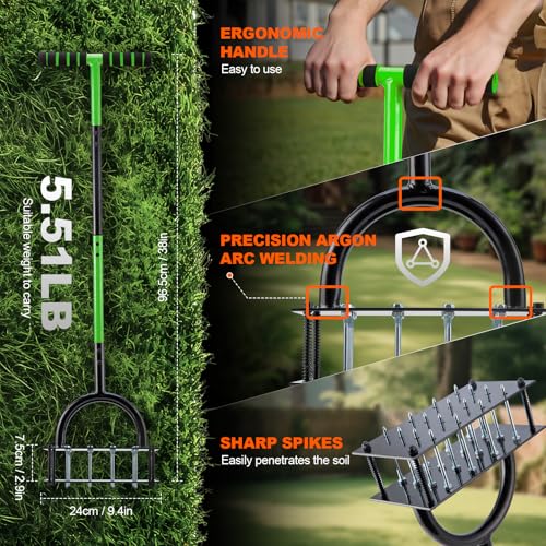 Bluesea Lawn Aerator Tool - 16 Iron Spikes with Ergonomic T-Handle, Automatic Dirt Clean for Soil Loosening & Yard Aeration, Manual Metal Grass Aerator (Green) - color: Green