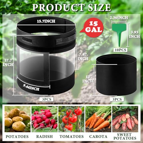 3 Pack 15 Gallon 360° Visibility Potato Grow Bags with Shading Flap - size: 3Pack-15 Gallon-360° Visibility