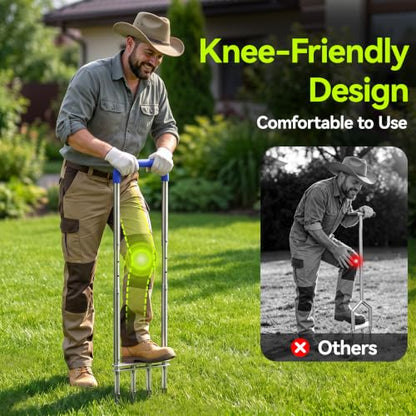 Knee-Friendly Manual Lawn Aerator, Adjustable 43.3–48.5", Silver, Dual Step