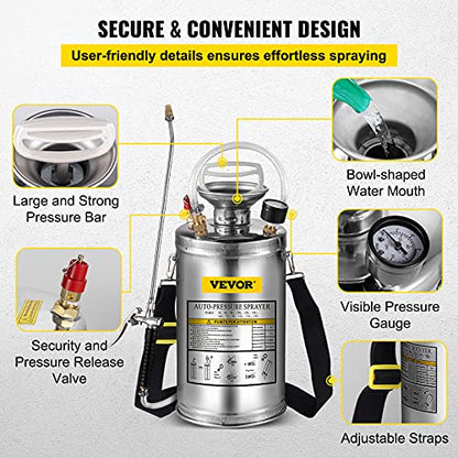 Happybuy 1.5 Gallon Stainless Steel Sprayer, 16" Wand&3.3FT Reinforced Hose, Hand Pump Sprayer with Pressure Gauge, Safety Valve&Adjustable Nozzle, Weed Sprayers for Lawn, Gardening & Sanitizing - size: 1.5 Gallon