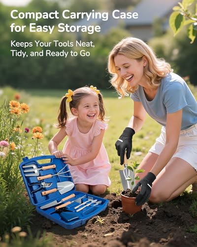 Grenebo 12-Piece Gardening Tools Set with Hard Storage Case, Blue - color: Blue