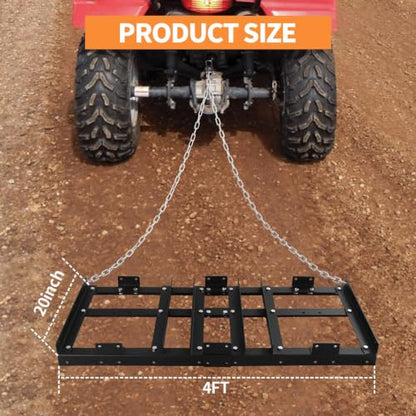 Heavy Duty 4FT Drag Harrow Driveway Grader, Tow-Behind Landscape Rake with 16FT Chain for ATV, UTV, Tractor – Ideal for Gravel, Soil, Sand Leveling and Lawn Maintenance - size: 4 FT