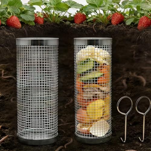 2pack Inground Worm Composting Bin Stainless Steel Worm Farm Composter with Holes and Lid for Recycling Kitchen Food Waste to Raised Garden Beds