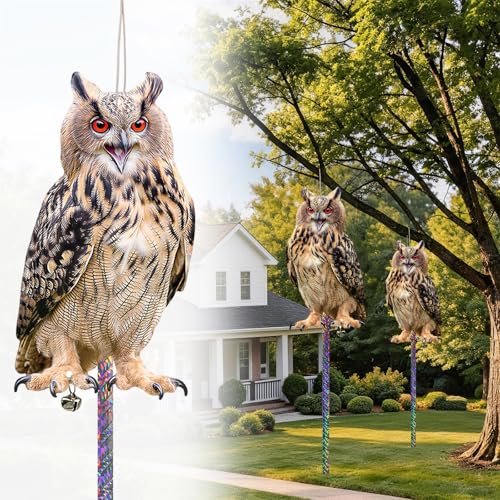 4 Pack Fake Owl to Keep Pigeon Woodpecker Away, Hanging Plastic Flat Fake Owl with Reflective Tape to Scare Animals Away for Windows Outdoor Patio Contryard Garden Backyard Front Porch - color: 4pcs-lt.brown