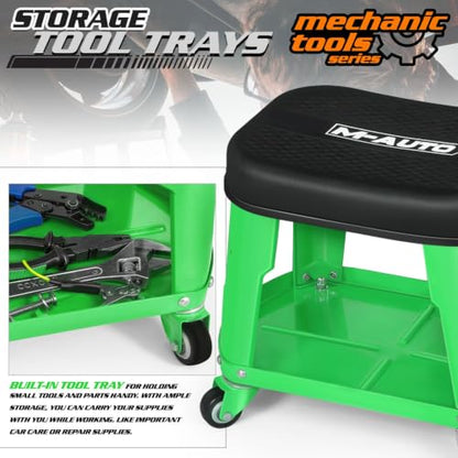 M-AUTO Heavy Duty Garage Rolling Work Seat 300LBS Capacity Mechanics Stool with Wheels, Equipment Tray and Tool Rack, Rectangle Mechanic Roll Chair, Green - color: Green