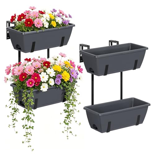 Deck Railing Planter Boxes 2 Tier Grey Window Boxes Planters Set of 2 - color: Gray