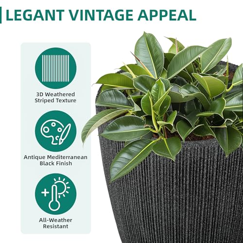 2-Pack 19" Black Resin Tall Round Planters with Fluted Texture - color: 19"h-black Fluted