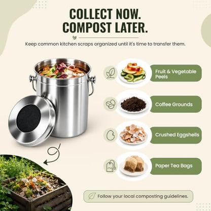 Epica Kitchen Compost Bin for Kitchen Countertops, 1.3 Galllon - Silver - color: silver