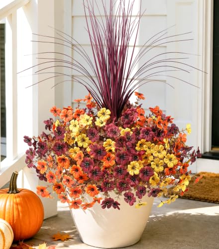 HyeFlora Artificial Fall Flowers for Outdoor Decoration, 13 Bundles Faux Silk Colorful Mums Grass UV Resistant Realistic Fake Flowers for Home Porch Patio Yard Window Box (Mixed) - color: 3 Fall Colors Mix