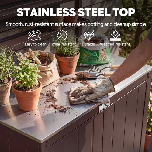 Feasto Outdoor Potting Bench Table with Storage Cabinet, Brown - color: Brown