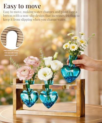 Nacome Plant Terrarium with Wooden Stand, 3 Heart Bulb Glass Vases - color: Blue