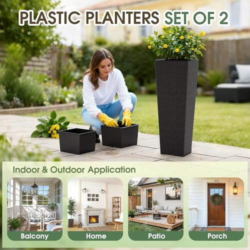 Greesum 32 Inch Tall Plastic Planters with Rattan Texture – Set of 2, Black - color: Black, size: 32" without Tray