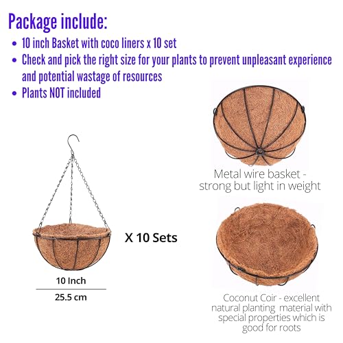 LaLaGreen Outdoor Hanging Baskets (10 in, 10 Pack) Coco Liner Flower Pots - size: 10" x 10 Pack