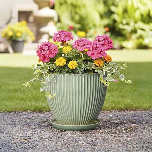 Ceramic Flower Pots, 10 Inch Plant Pot with Saucer, Green - color: Green, size: 10 Inch