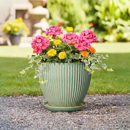 Ceramic Flower Pots, 10 Inch Plant Pot with Saucer, Green - color: Green, size: 10 Inch