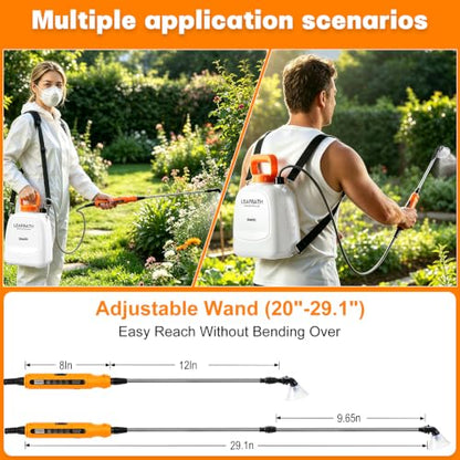 2 Gallon Battery Powered Backpack Sprayer - Rechargeable Electric Garden Sprayer, Comes with an Extra 10FT Hose, 2 Speed Modes, 6 Nozzles, Telescopic Wand, Backpack & Shoulder Sprayer for Lawn Yard - color: Orange-White)