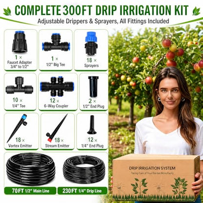 300FT Drip Irrigation System Kit, Quick Push-to-Connect Auto Garden Watering Irrigation System with 70FT 1/2'' & 230FT 1/4'' Tubing, Adjustable Dripper Sprayers for Raised Bed, Lawn, Greenhouse - size: 300FT
