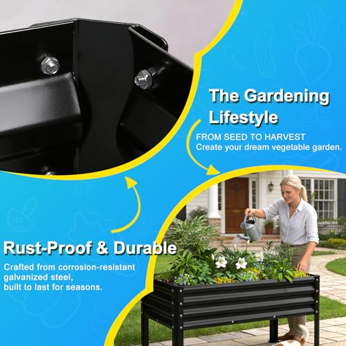 Large Galvanized Raised Garden Bed Outdoor with Legs, Load Capacity 1200LB, 48x26x30in Raised Garden Bed, for Backyard/Patio/Balcony/Gardening/Vegetables Flowers, Black - color: Black