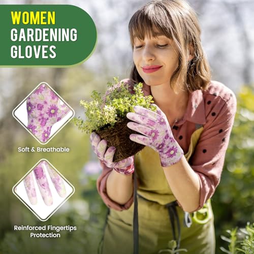 6 Pairs Gardening Gloves for Women - Breathable Rubber Coated Garden Gloves, Multi-purposes Gardening Gloves - color: Pink / Blue / Cyan / Red / Blue / Purple