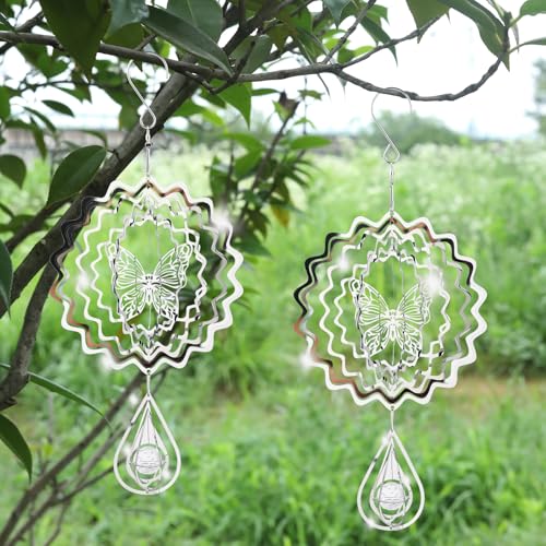2 Packs Butterfly Stainless Steel Reflective Wind Spinner,3D Mirror Bird Repellent Device Wind Spinner Outdoor Decor, Gift for Mom Dad Repel Swallows Sparrows Away from Gazebo Pool Windows