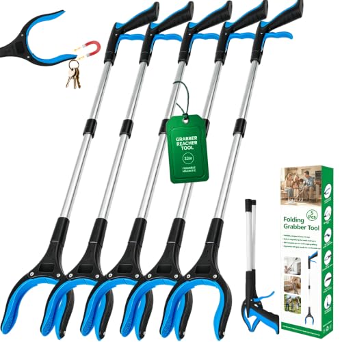 5-Pack 32" Foldable Grabber Reacher Tool with Magnetic Tip - Blue | 360° Rotating Jaw Heavy Duty Trash Picker & Litter Picker | Long Reach Pickup Tool for Home, Garden & Yard Use - color: 5 Pack