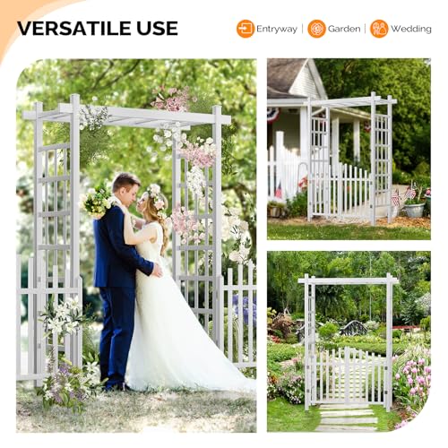 VINGLI Garden Arbor with Gate, PVC Wedding Arch for Ceremony Party, Garden Trellis for Climbing Plants Outdoor, Arch Backdrop Stand for Garden, Backyard, Lawn, Wedding