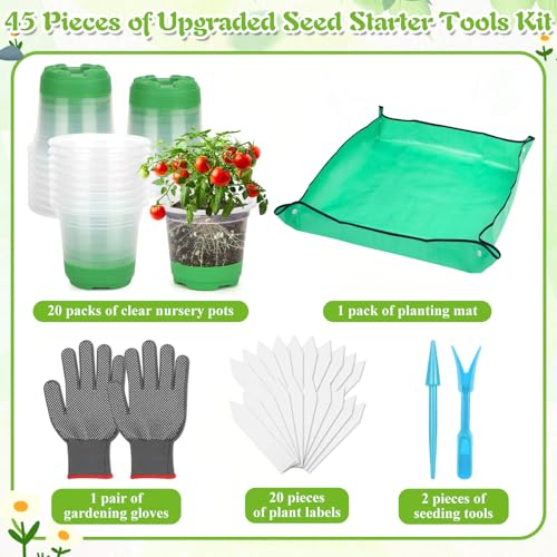 Caffox 45PCS Reusable Seed Starter Kit Includes 20 Packs 5" Clear Nursery Pots with Silicone Base, Repotting Mat, Gardening Gloves, Plant Labels and Seedling Tools for Easy Transplant - size: 5 Inch Clear Nursery Pots