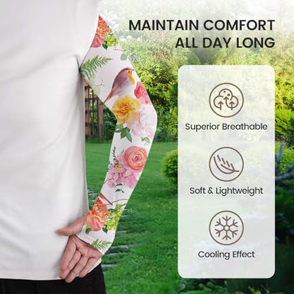 YPHCDO Gardening Sleeves for Women Sun Protection Cooling Arm Sleeves - color: Pink Rose and Bird
