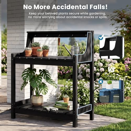 Domi 3-Tier Potting Benches for Outside, HDPE Outdoor Potting Table, Black - color: Black
