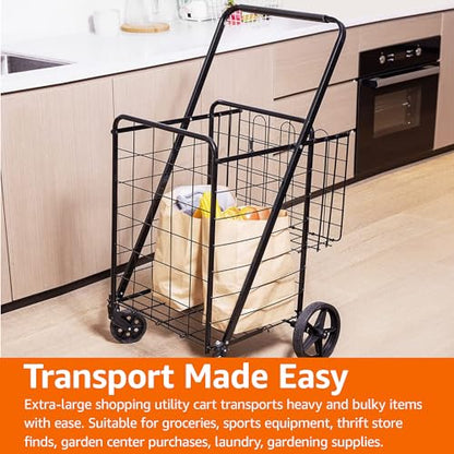 Amazon Basics Foldable Collapsible Shopping Utility Cart with 360-Degree Wheels, Multi-Functional for Sports, Easy Assembly, X-Large, Black