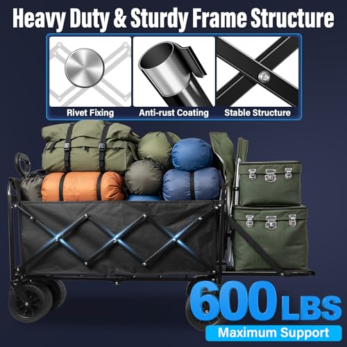 Collapsible Wagon Cart, Folding Cart with 600LBS Capacity, Black - color: Upgraded_600lbs