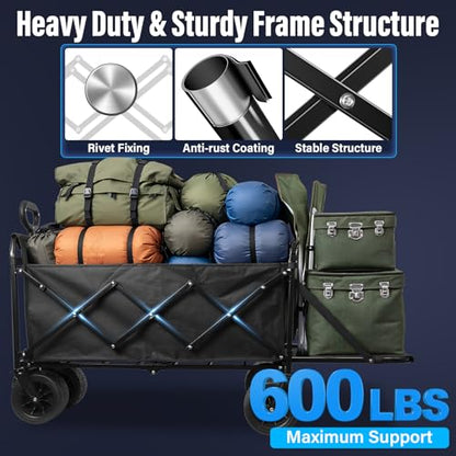 Collapsible Wagon Cart, Folding Cart with 600LBS Capacity, Black - color: Upgraded_600lbs