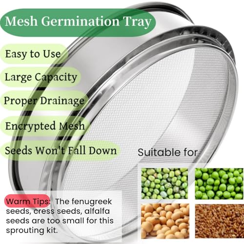 Tlence 9" Stackable Stainless Steel Seed Sprouting Kit, 3-Tier Mesh Germination Tray, Seed Sprout Grower with Lid Base, Microgreens Propagator for Beans Peas Broccoli Wheat Grass, Soil Free