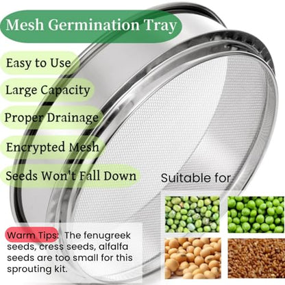 Tlence 9" Stackable Stainless Steel Seed Sprouting Kit, 3-Tier Mesh Germination Tray, Seed Sprout Grower with Lid Base, Microgreens Propagator for Beans Peas Broccoli Wheat Grass, Soil Free