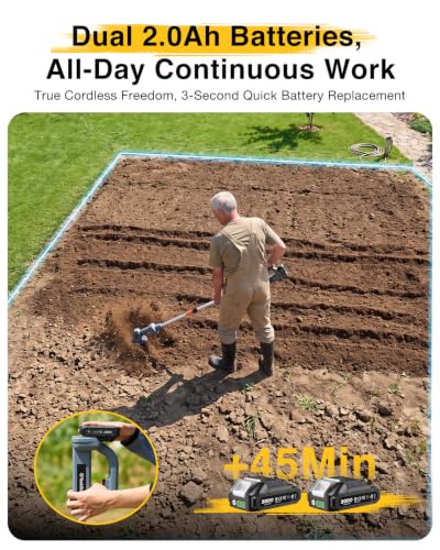 2-in-1 Cordless Tiller Cultivator, 20V Electric Rototiller with Detachable Extension Pole, 2×2.0Ah Battery, Lightweight 4.9 lbs Garden Tiller, 300 RPM for Raised Beds, Lawn, Weeding & Soil Cultivation - size: 4''x4''