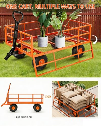 1200 LBS Heavy Duty Steel Garden Cart, 3-in-1 Yard Wagon, 13" Air Tires - color: Orange, size: 1200LBS