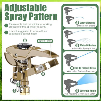 LemonRoad 2 Pack Impact Sprinkler for Yard on Spike Base, Heavy Duty Metal Impact Sprinkler Head with 360° Adjustable Spray for Large Area Lawn & Yard Irrigation