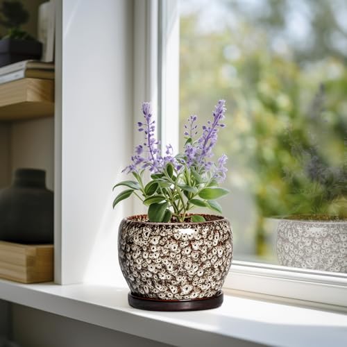SQOWL Ceramic Plant Pots - 6 Inch Ceramic Planter for Indoor Outdoor, Small Flower Pots with Drainage Hole and Saucer, Decorative Round Planter, Home Office Decor, Plant Lover Gifts, White - color: Leopard White, size: 6 Inch