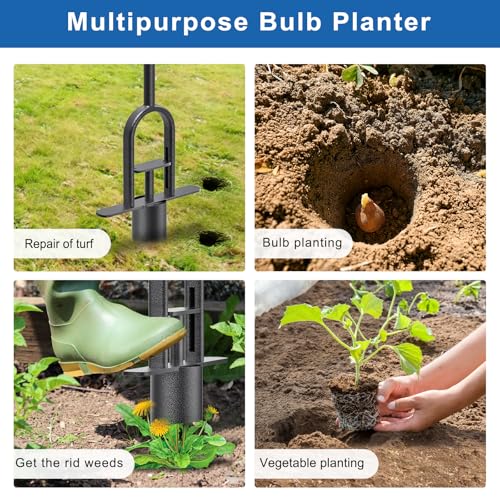 BeneLabel Grass Plugger Tool Lawn Plugger with Long Handle - Heavy Duty Steel Sod Turf Plugger Bulb Planter Tool, Soft Rubber Grip for Turf Repair, Seedling Transplant & Digging Holes - color: black