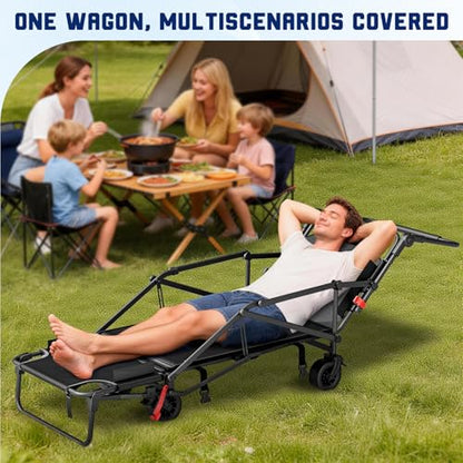 LEVELEVE Heavy Duty Folding Wagon - 2-in-1 Collapsible Cart, All-Terrain Wheels w/Brakes & Side Pockets (Black, 400lb Capacity) - color: Black, size: Medium