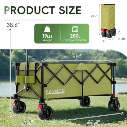 46" L Collapsible Foldable Extended Wagon, 500LB Weight Capacity with 280L Heavy Duty Folding Cart,Utility Wagon with All-Terrain Beach Wheel & Drink Holders,Green - color: Green