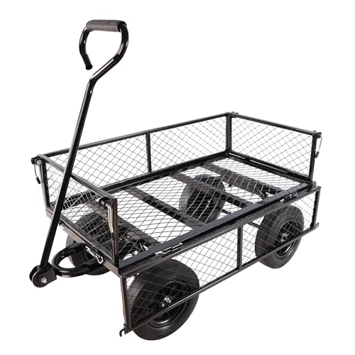 Solid Wheels Wagon cart Large-Capacity mesh Steel Garden Trolley with Detachable Side Without Inflatable Tires can be Used in fams,Warehouses and so on.The Load can Reach 1100 pounds. - color: Black Solid Wheels